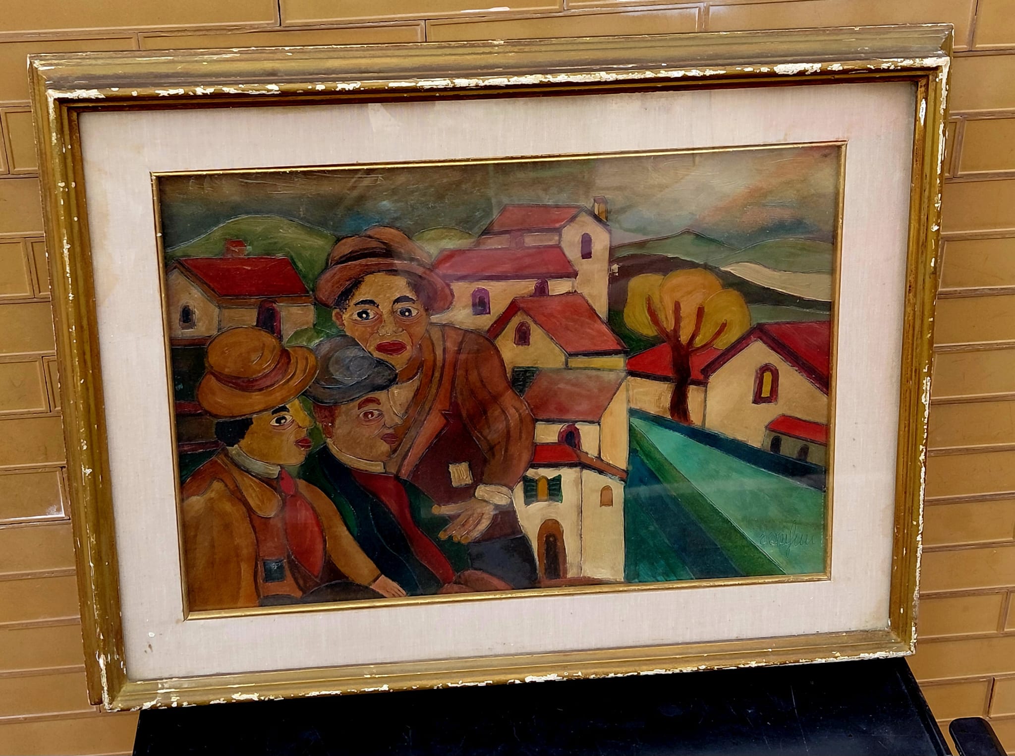 Dipinto Figurativo con Paesaggio di Borgo – Olio su Tela Incorniciato