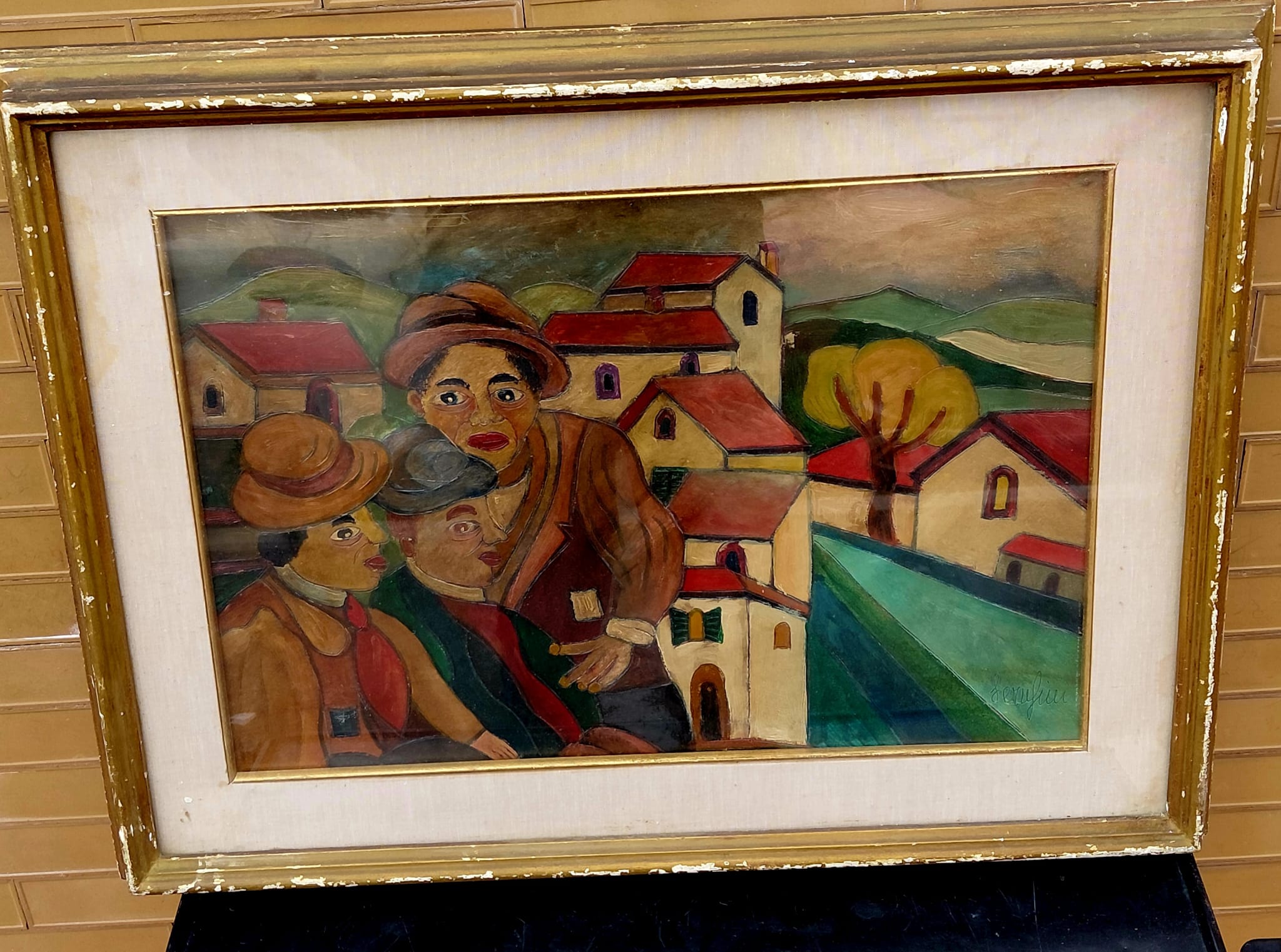 Dipinto Figurativo con Paesaggio di Borgo – Olio su Tela Incorniciato