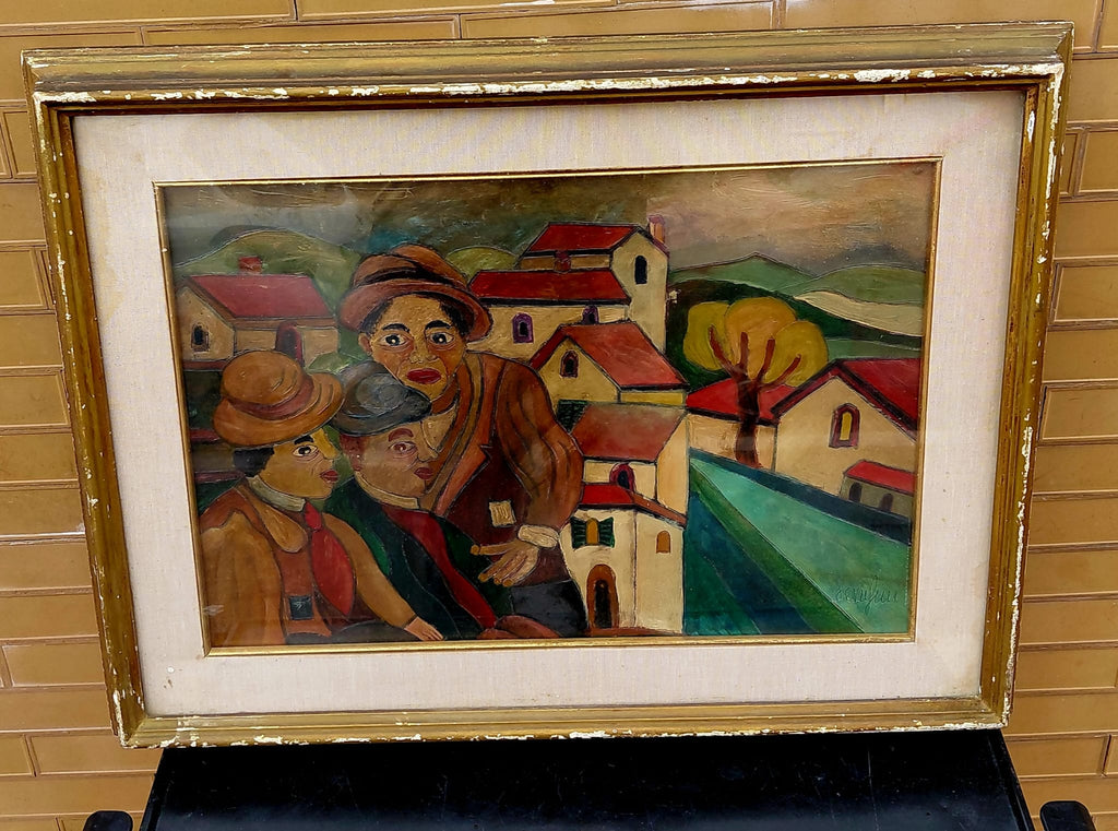 Dipinto Figurativo con Paesaggio di Borgo – Olio su Tela Incorniciato