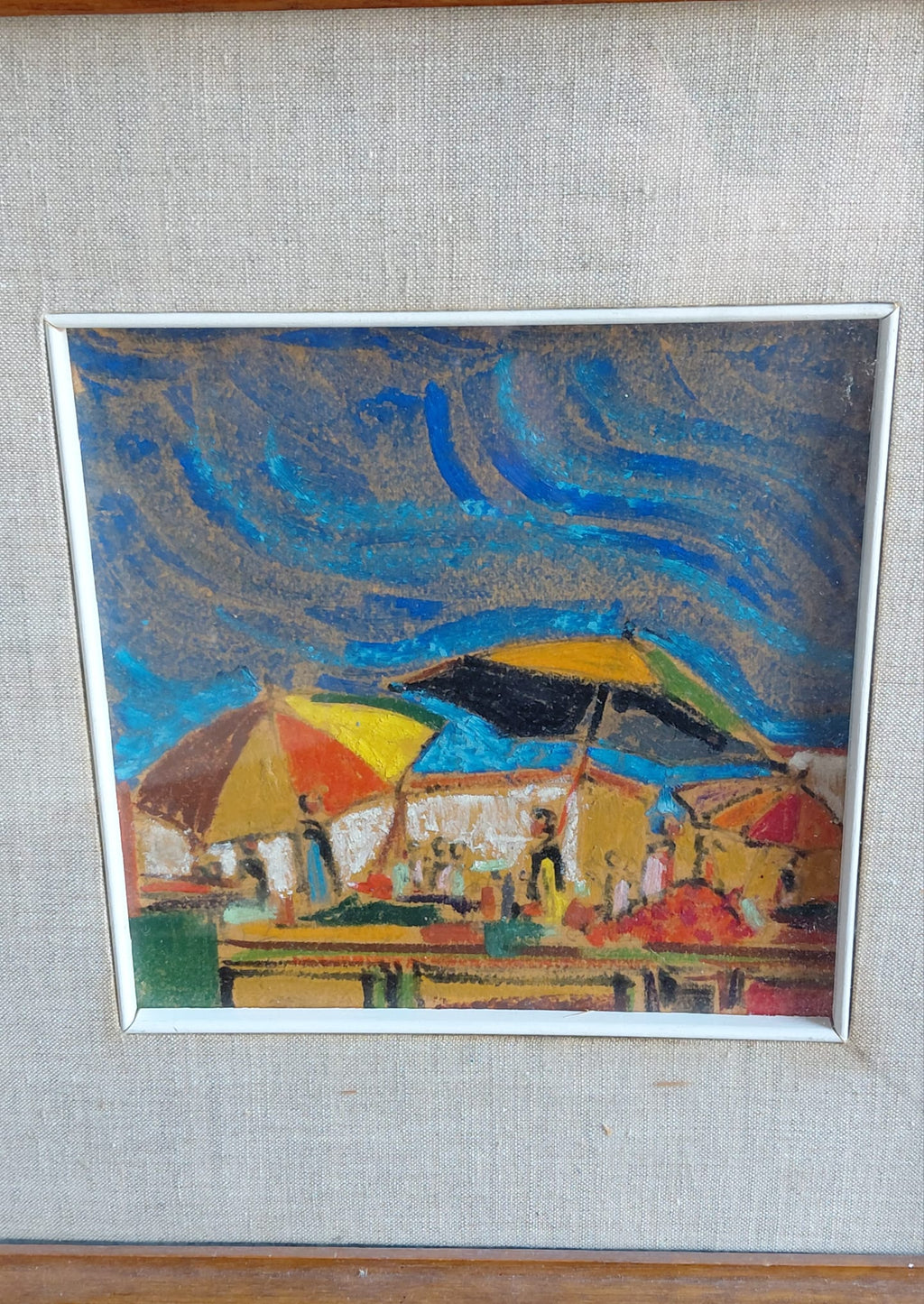 Dipinto Impressionista con Ombrelloni sulla Spiaggia