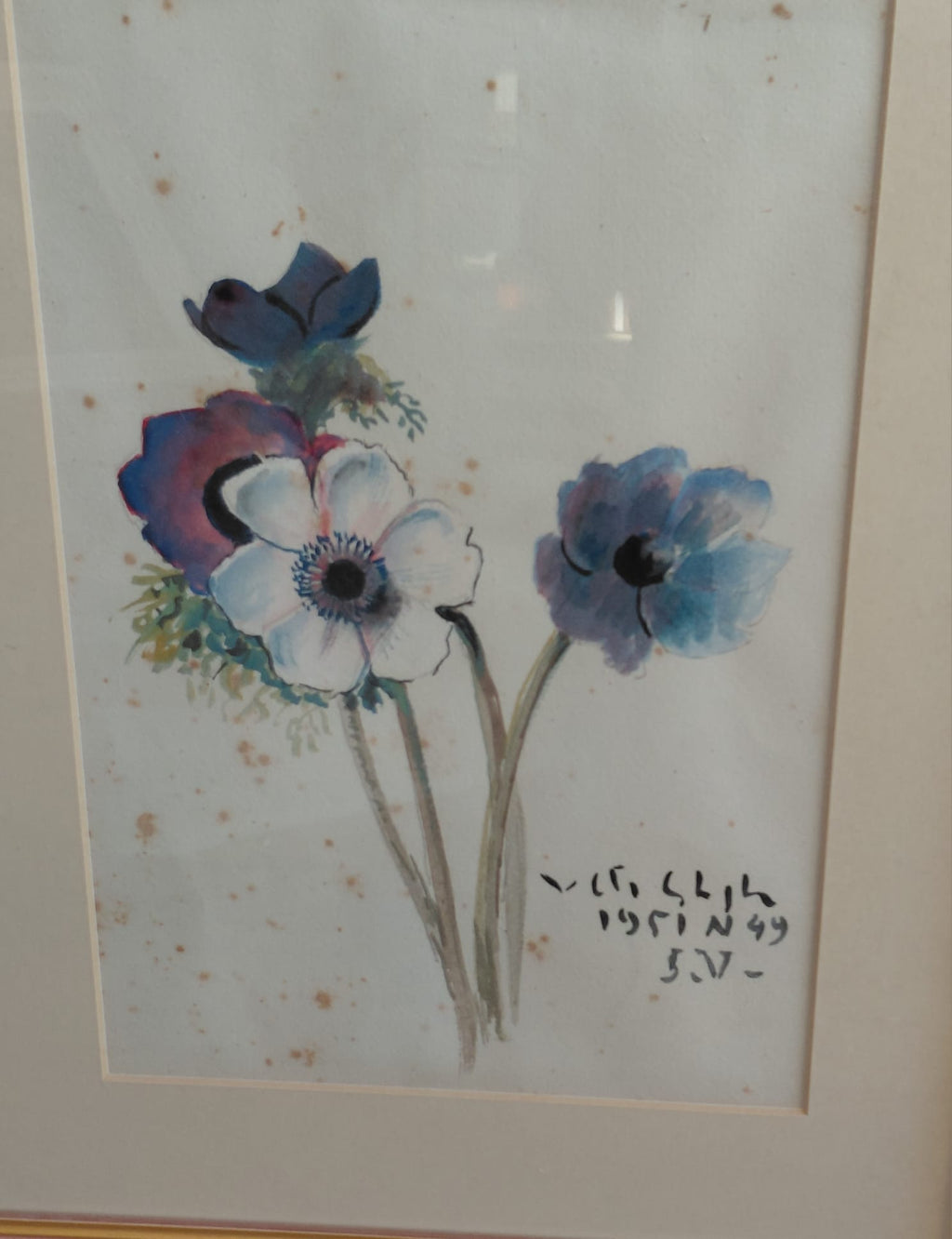 Acquerello Floreale con Anemoni Blu – Firmato e Datato 1949