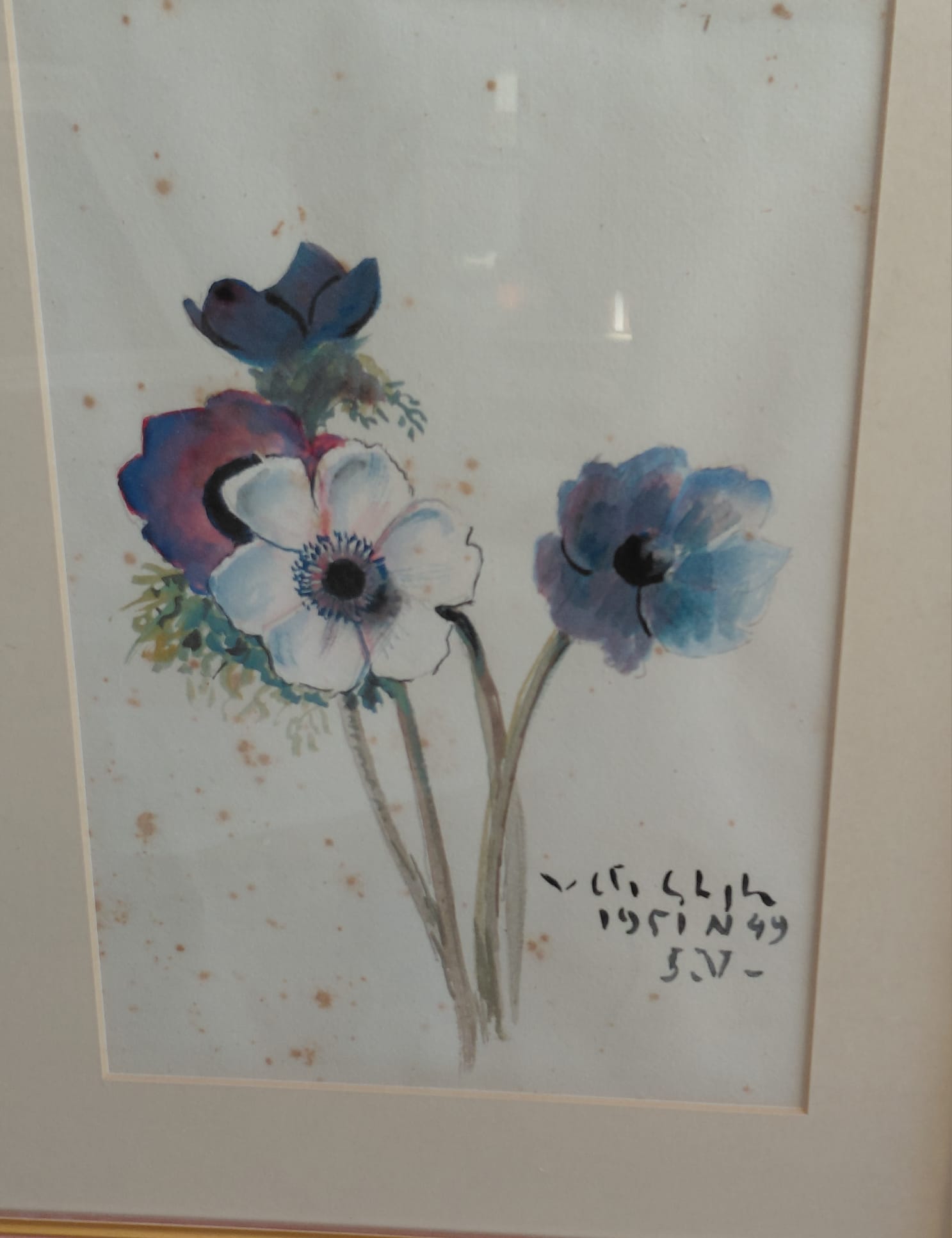 Acquerello Floreale con Anemoni Blu – Firmato e Datato 1949