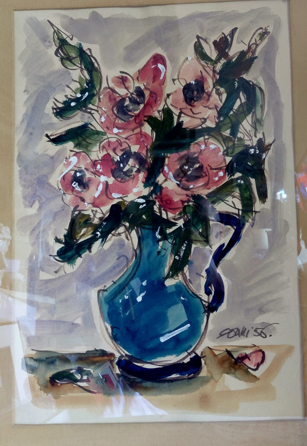 Acquerello floreale con vaso blu firmato Goni – 1956