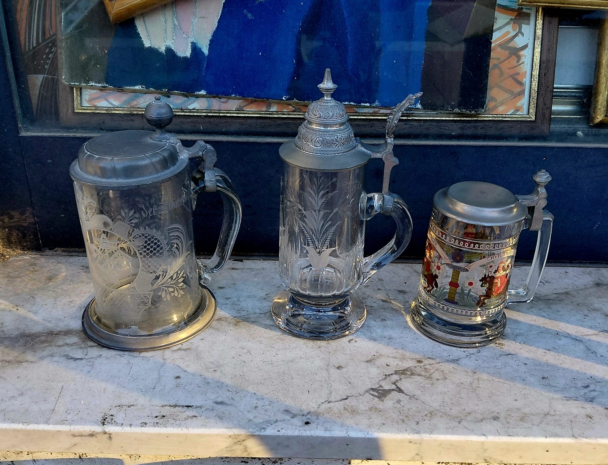 Collezione di boccali da birra vintage in vetro e peltro