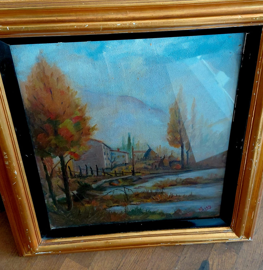 Quadro a olio paesaggio rurale con cornice