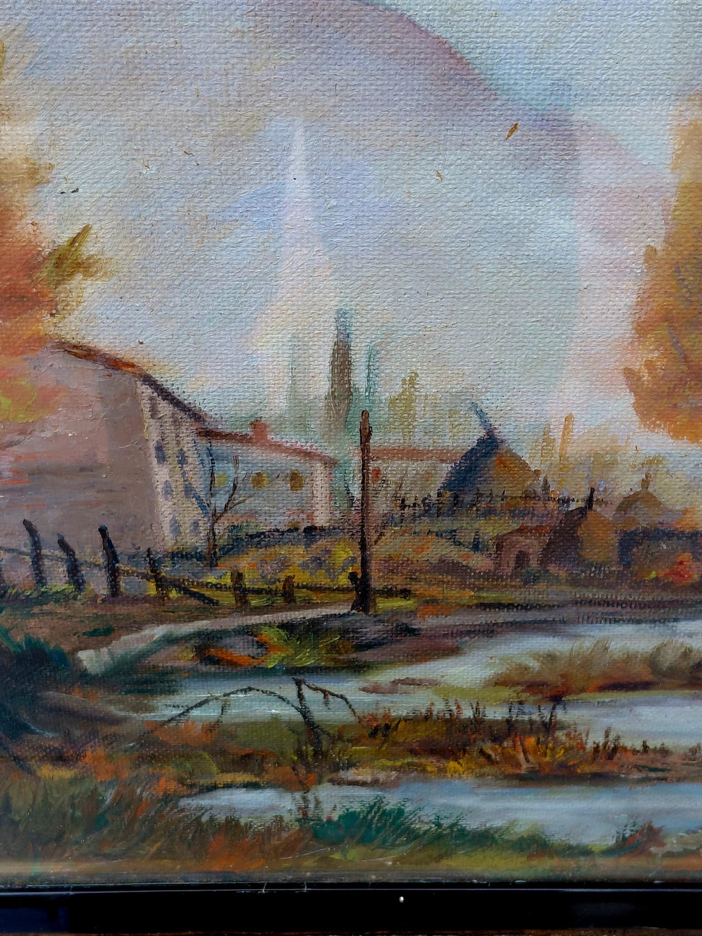 Quadro a olio paesaggio rurale con cornice