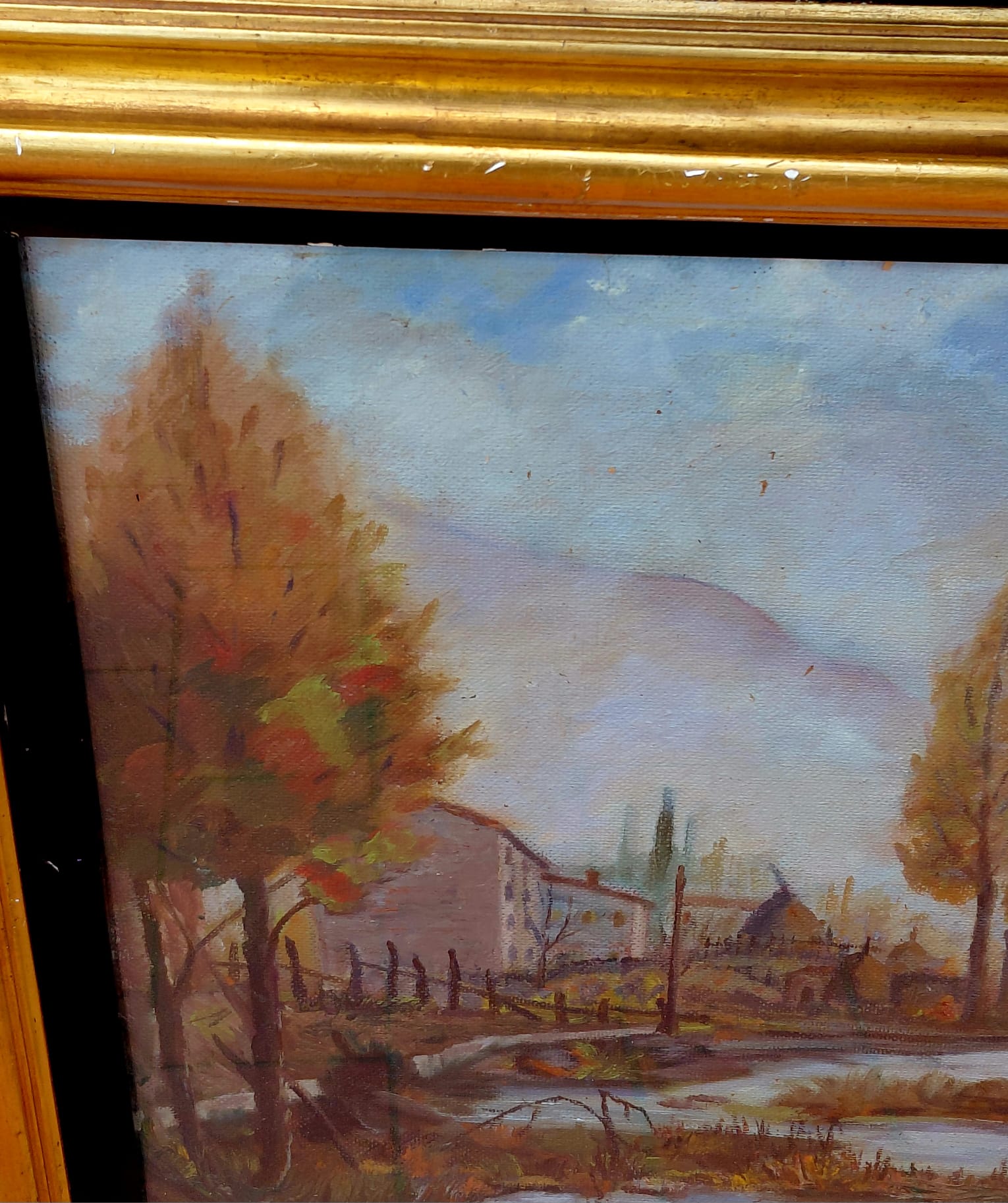 Quadro a olio paesaggio rurale con cornice
