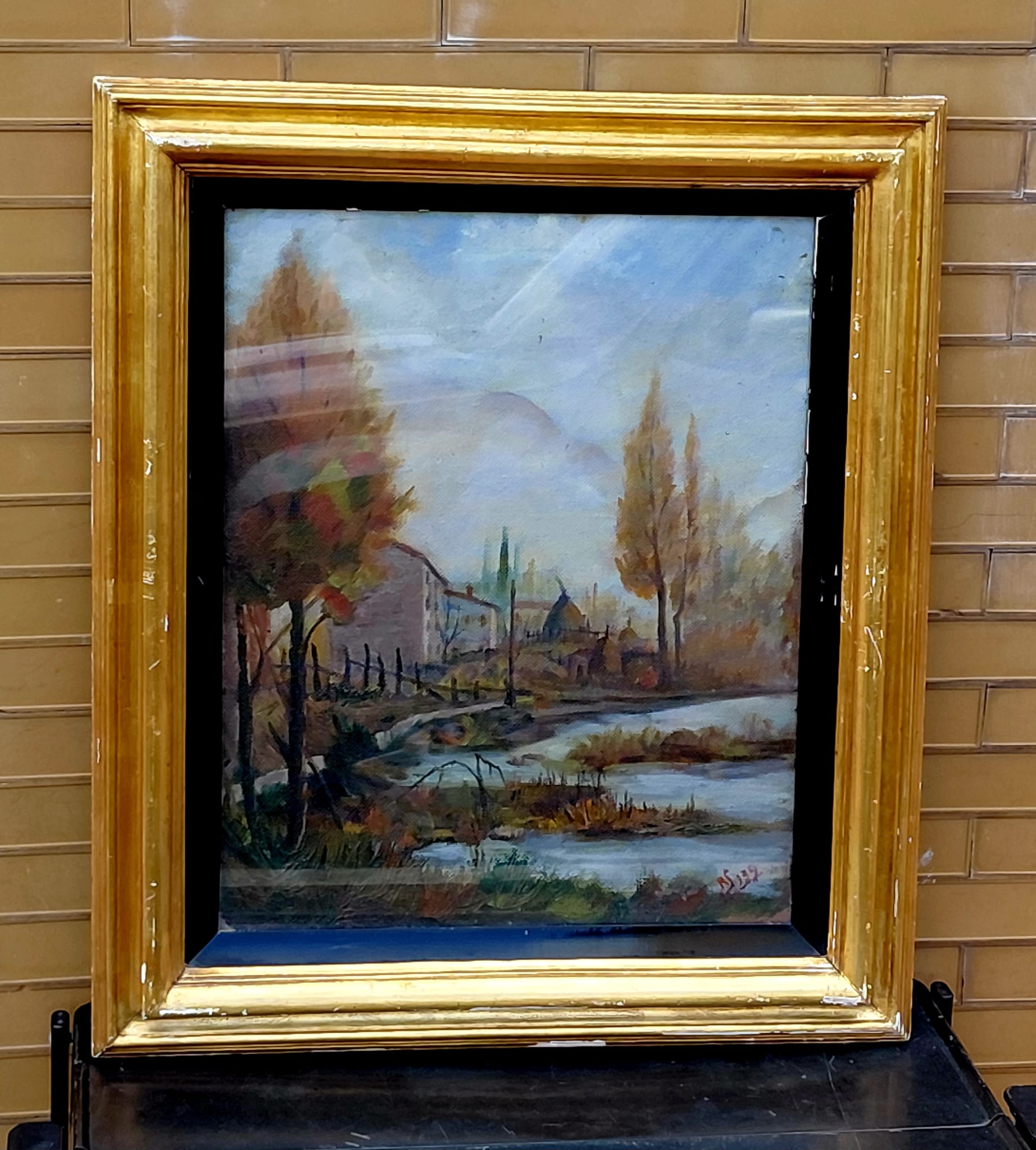 Quadro a olio paesaggio rurale con cornice